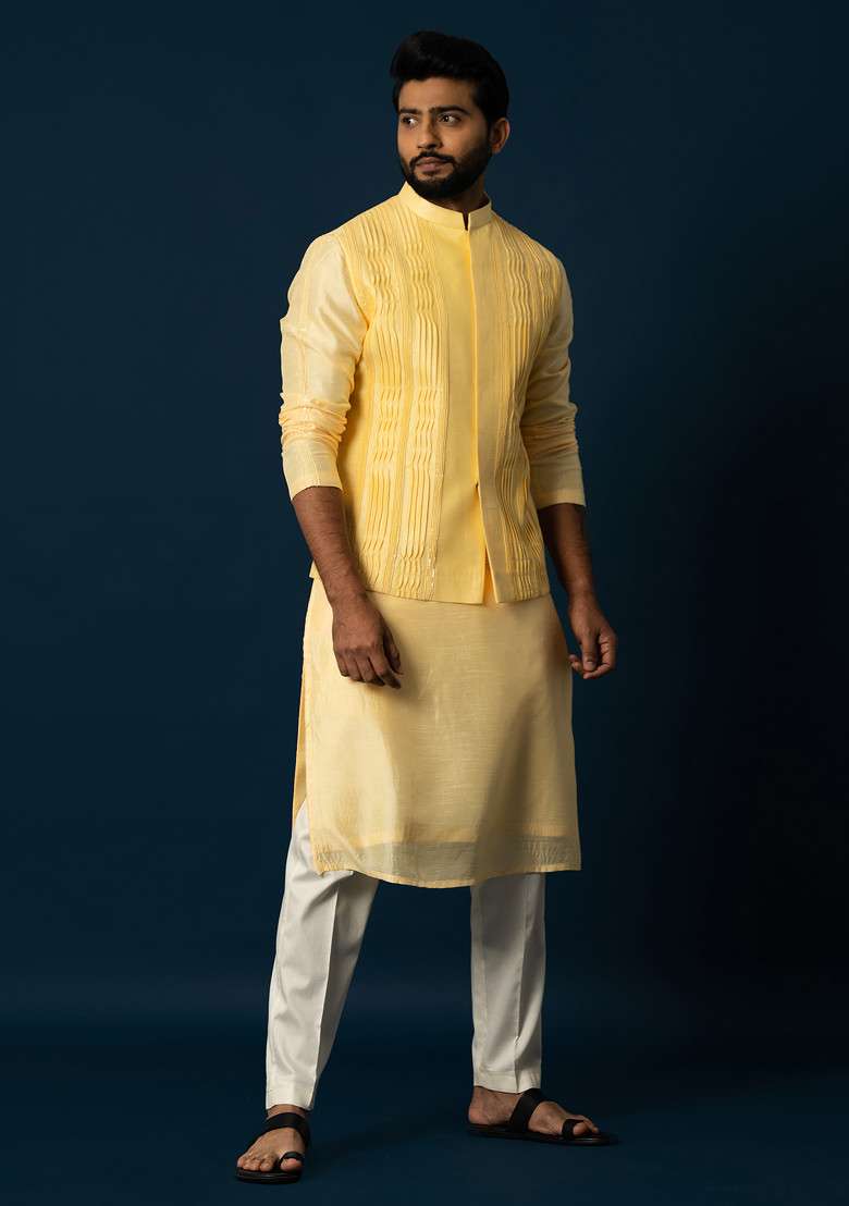 Yellow Embroidered Silk Blend Nehru Jacket For Men - Indya
