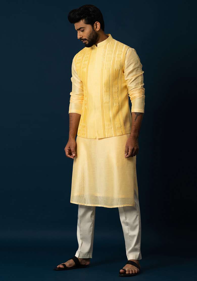 Yellow Embroidered Silk Blend Nehru Jacket For Men - Indya