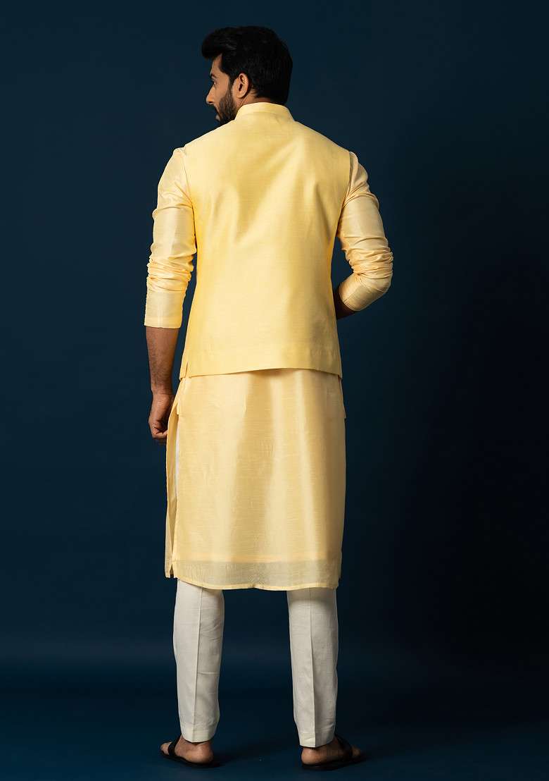 Yellow Embroidered Silk Blend Nehru Jacket For Men - Indya