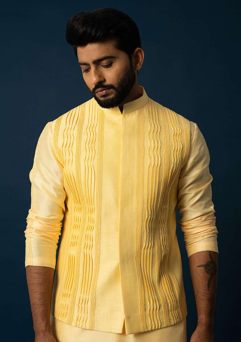 Yellow Embroidered Silk Blend Nehru Jacket For Men - Indya