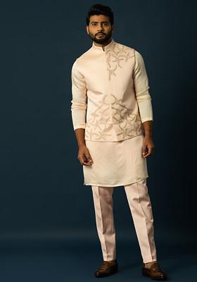 Blush Pink Embroidered Linen Nehru Jacket For Men