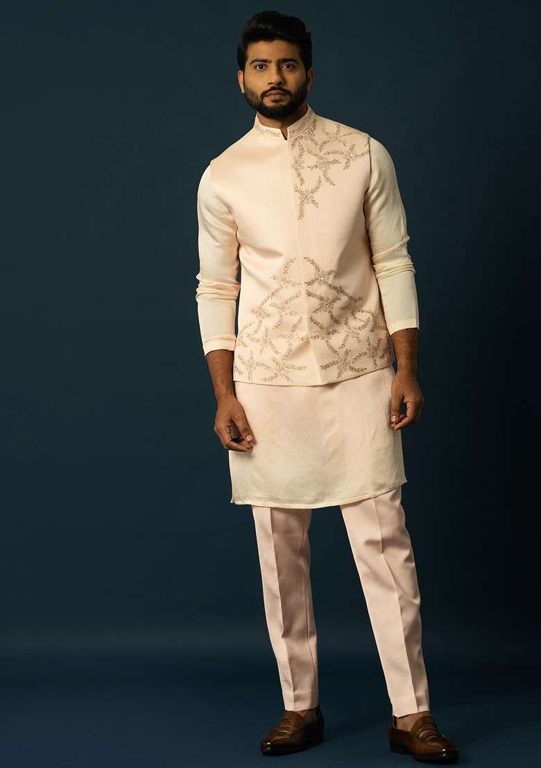 Blush Pink Embroidered Linen Nehru Jacket For Men - Indya