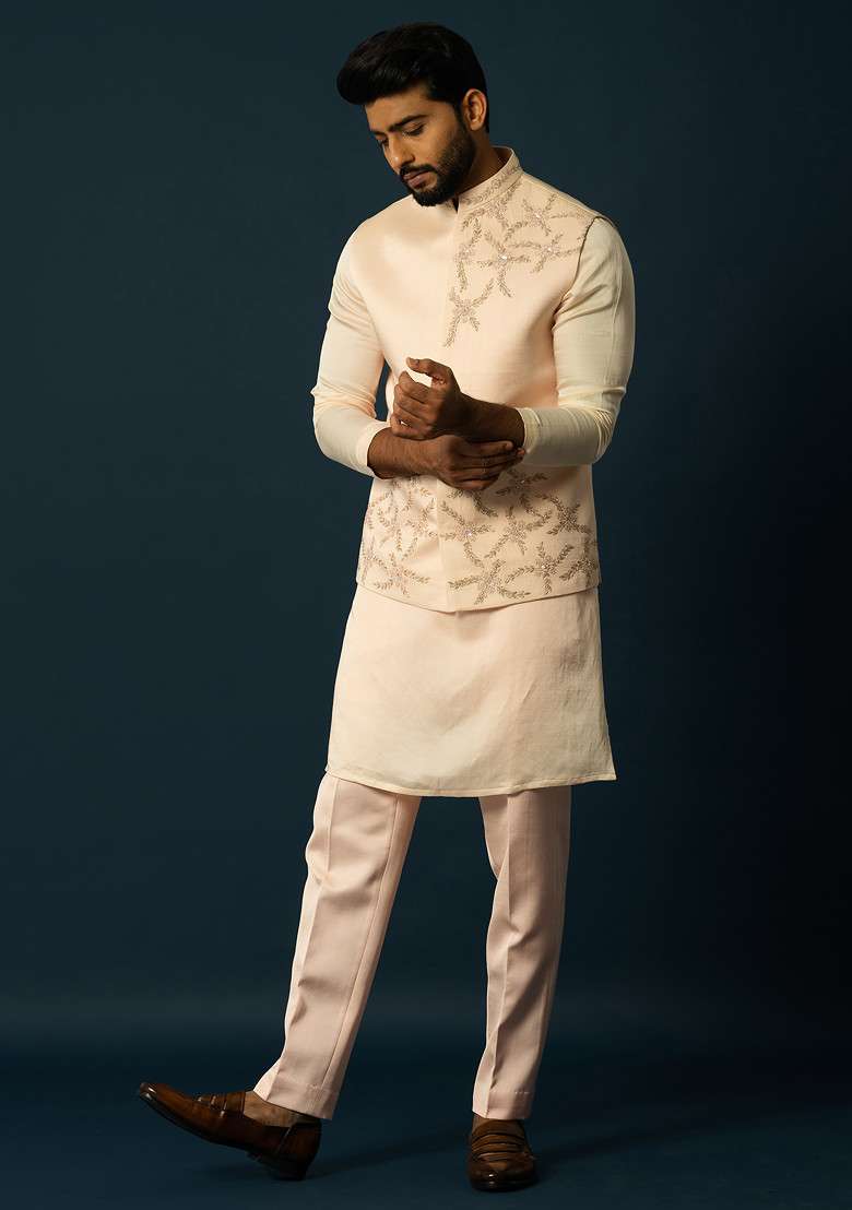 Blush Pink Embroidered Linen Nehru Jacket For Men - Indya