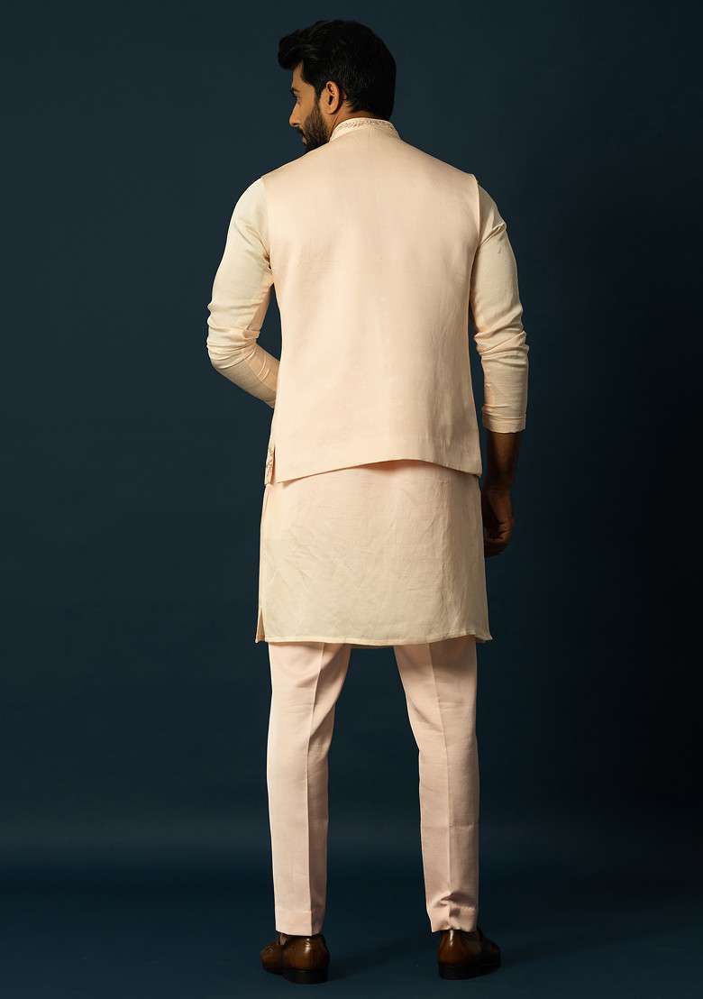 Blush Pink Embroidered Linen Nehru Jacket For Men - Indya