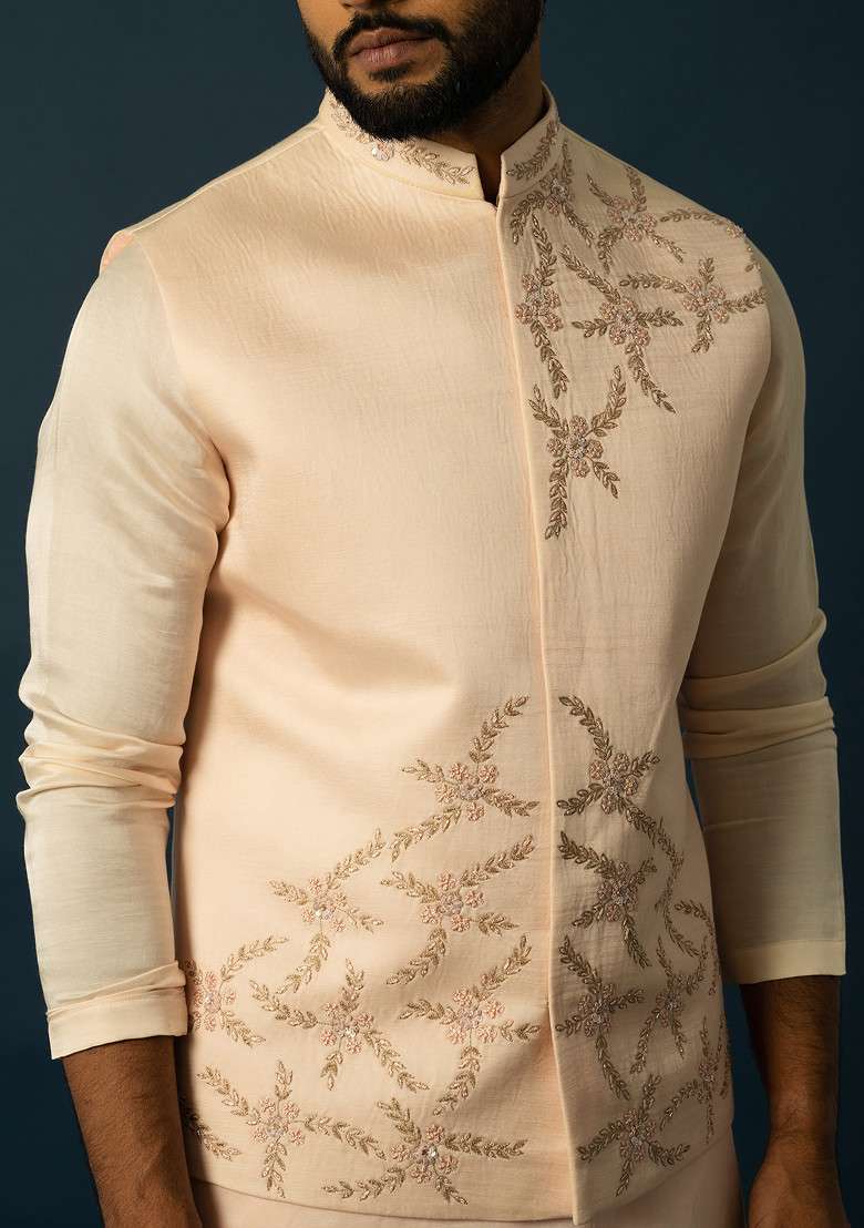 Blush Pink Embroidered Linen Nehru Jacket For Men - Indya