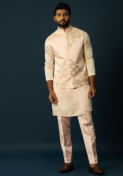 Blush Pink Embroidered Linen Nehru Jacket For Men