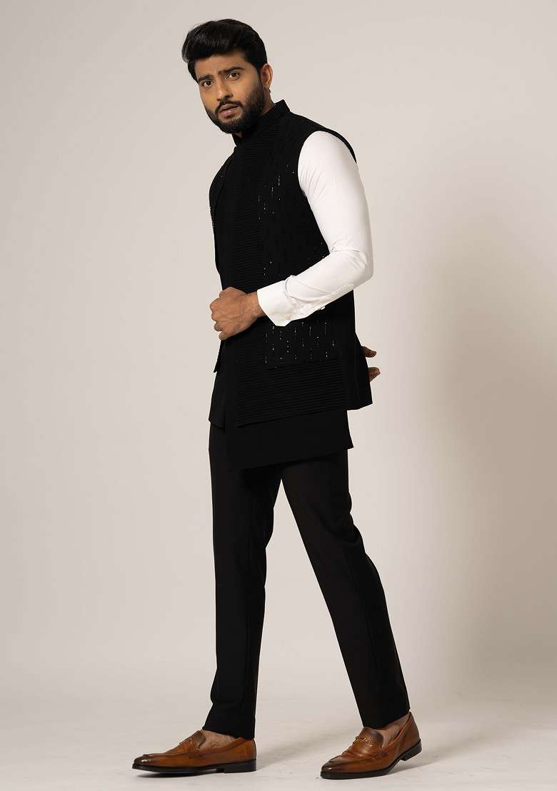 Black Embroidered Nehru Jacket Set For Men - Indya