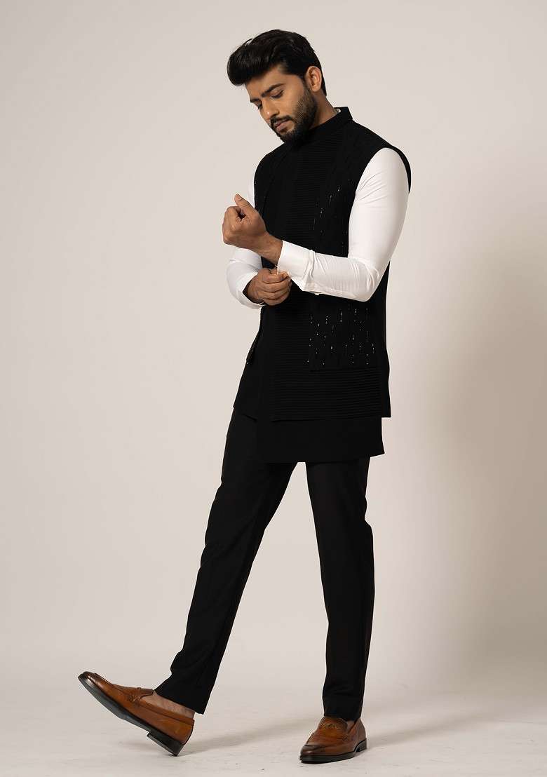 Black Embroidered Nehru Jacket Set For Men - Indya