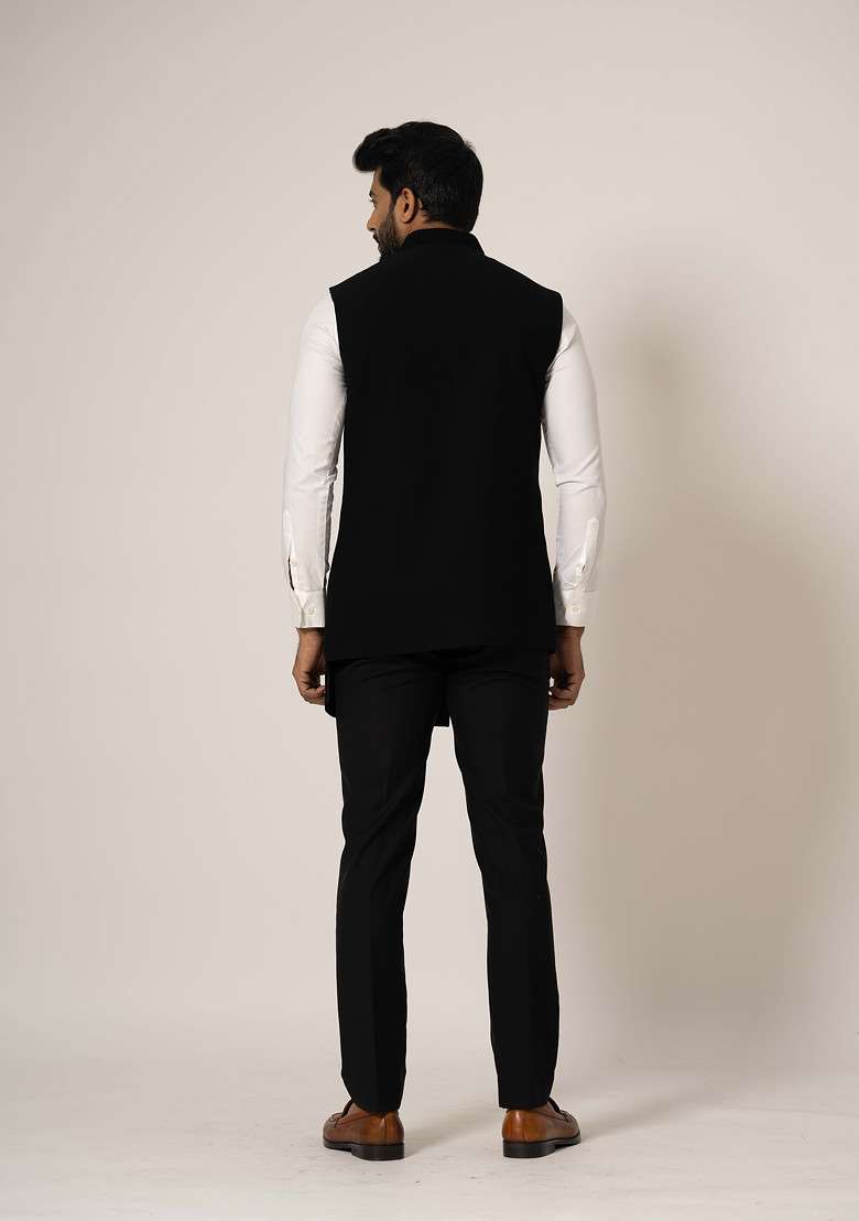Black Embroidered Nehru Jacket Set For Men - Indya