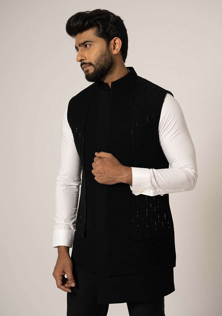 Black Embroidered Nehru Jacket Set For Men - Indya