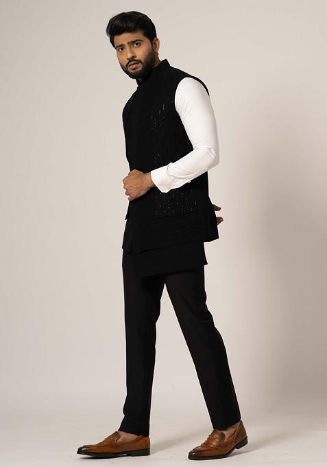 Black Embroidered Nehru Jacket Set For Men