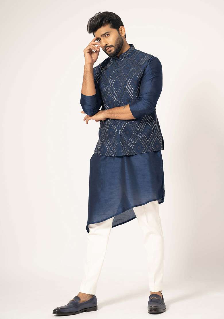 Blue Embroidered Silk Blend Nehru Jacket For Men - Indya