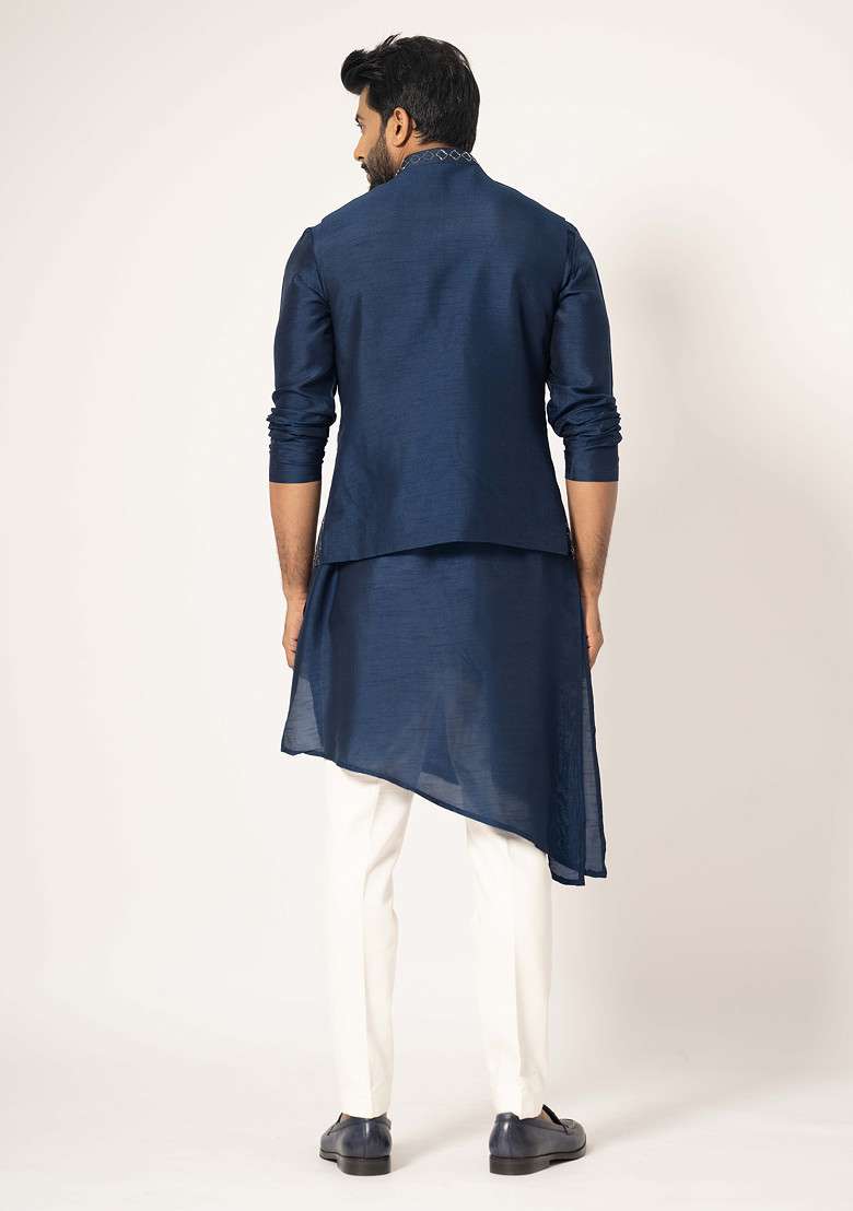 Blue Embroidered Silk Blend Nehru Jacket For Men - Indya