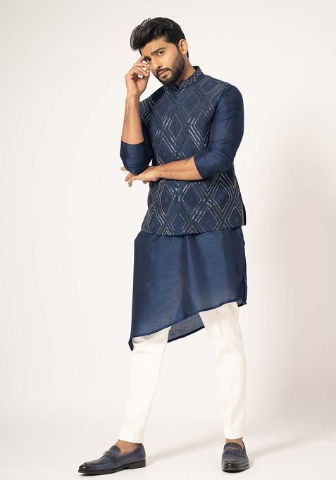 Blue Embroidered Silk Nehru Jacket For Men