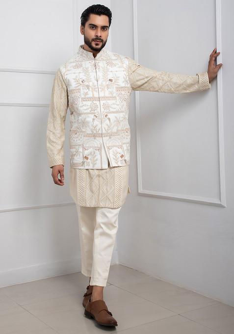 Ivory Hand Embroidered Linen Satin Nehru Jacket For Men