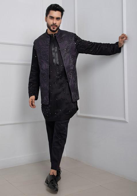 Purple Hand Embroidered Linen Satin Nehru Jacket For Men