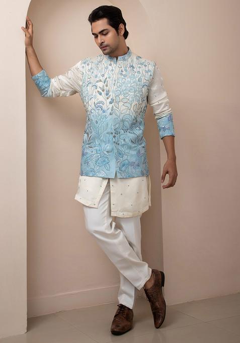 Multicolour Hand Embroidered Linen Satin Nehru Jacket For Men