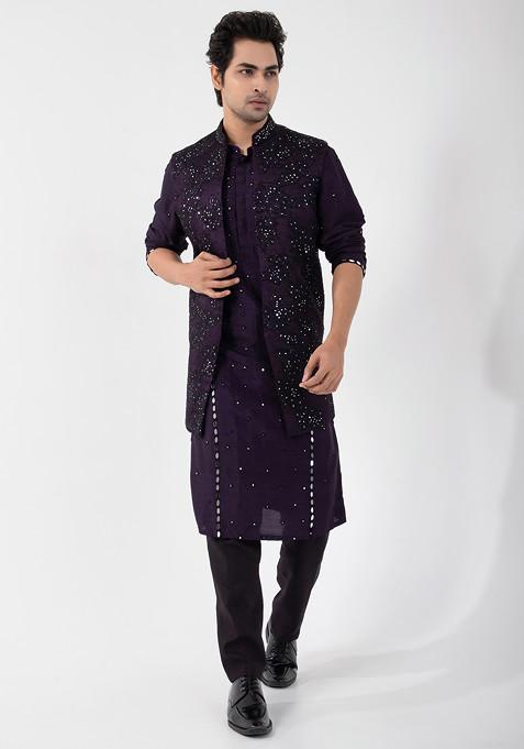 Purple Hand Embroidered Linen Satin Nehru Jacket For Men