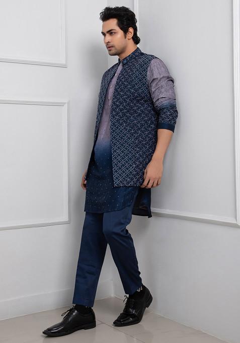 Blue Hand Embroidered Silk Nehru Jacket For Men