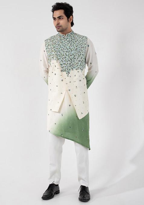 Multicolour Hand Embroidered Silk Nehru Jacket For Men