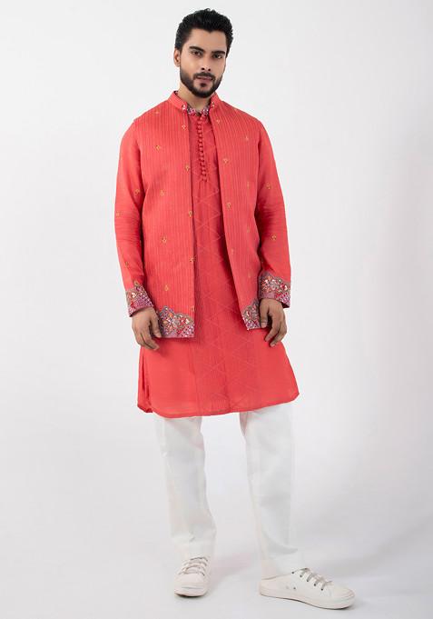 Orange Hand Embroidered Linen Satin Nehru Jacket For Men