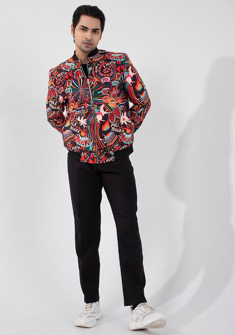 Multicolour Hand Embroidered Linen Satin Bomber Jacket For Men