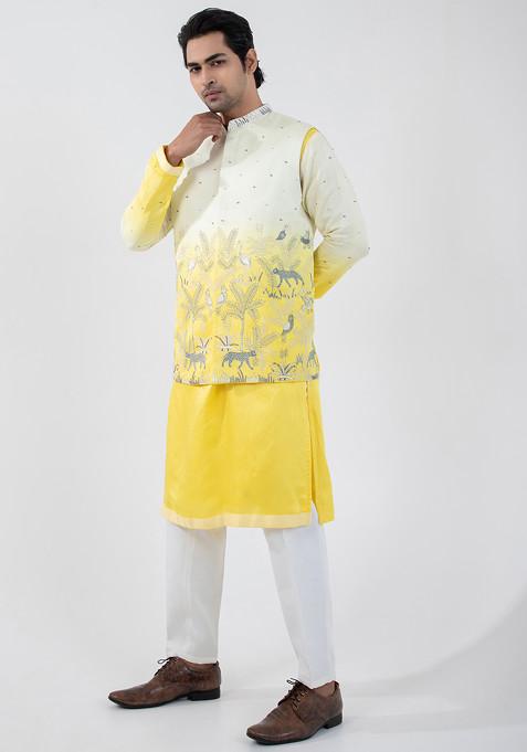 Yellow Hand Embroidered Linen Satin Nehru Jacket For Men