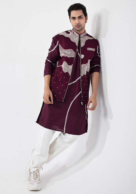 Maroon Hand Embroidered Khadi Cotton Nehru Jacket For Men