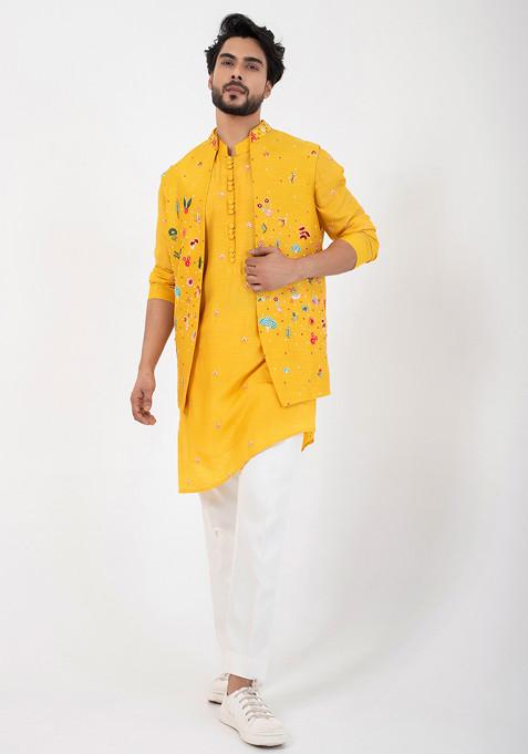 Yellow Hand Embroidered Silk Nehru Jacket For Men