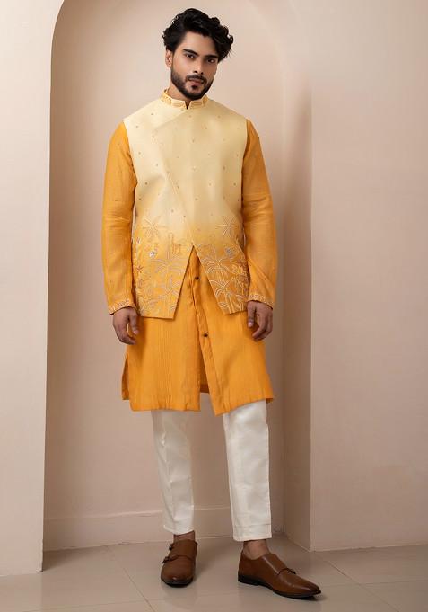 Yellow Hand Embroidered Chanderi Nehru Jacket For Men