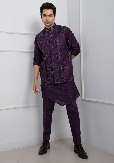 Purple Hand Embroidered Linen Satin Nehru Jacket For Men