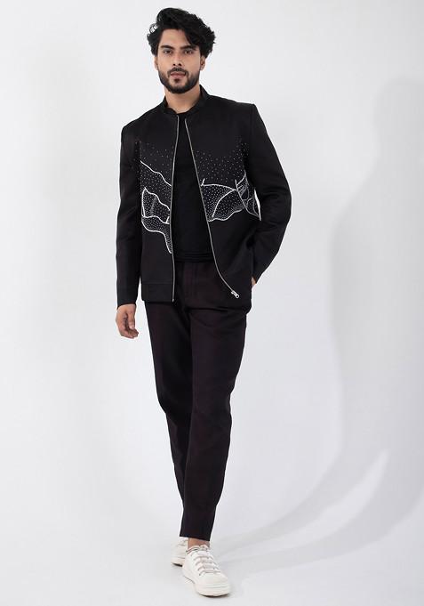 Black Hand Embroidered Linen Satin Bomber Jacket For Men