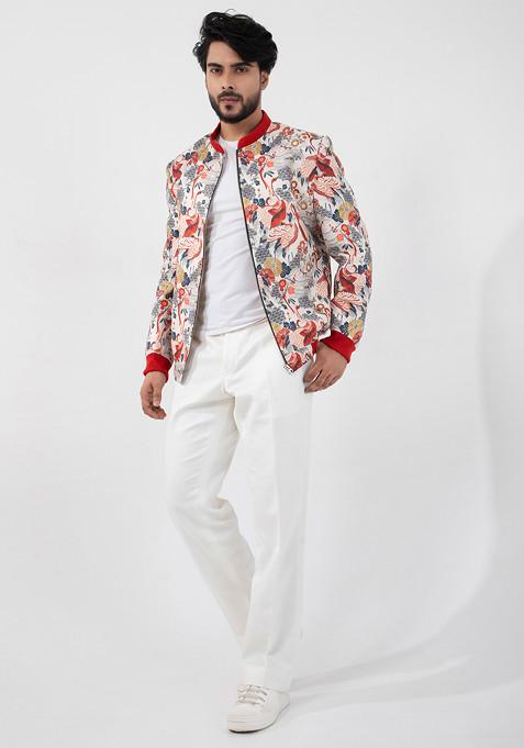 Multicolour Hand Embroidered Linen Bomber Jacket For Men