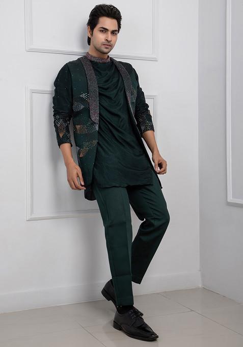 Green Hand Embroidered Linen Satin Nehru Jacket For Men