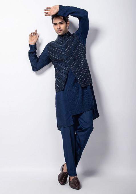 Navy Blue Hand Embroidered Silk Nehru Jacket For Men