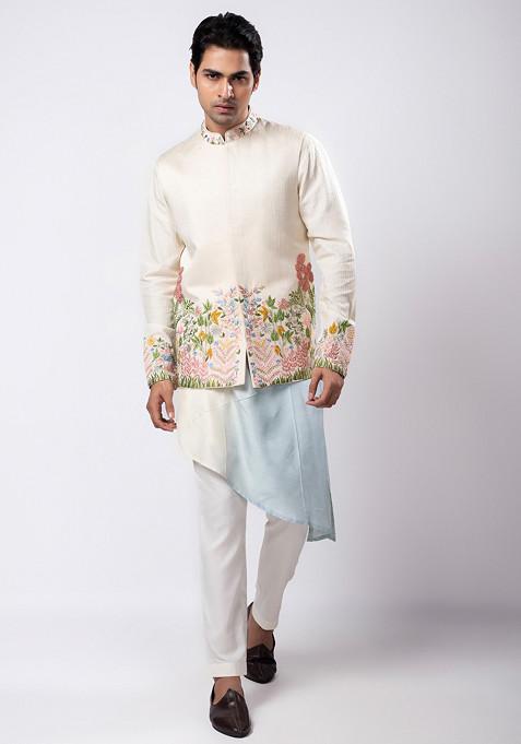 Multicolour Hand Embroidered Linen Satin Nehru Jacket For Men