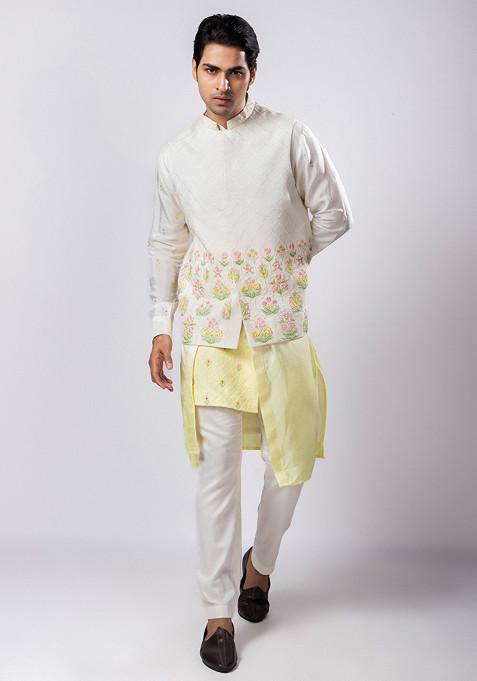 Multicolour Hand Embroidered Linen Satin Nehru Jacket For Men