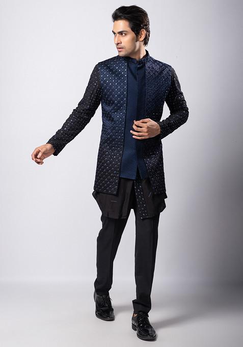 Navy Blue Hand Embroidered Linen Satin Nehru Jacket For Men