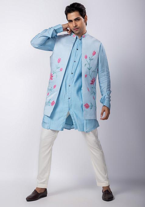 Light Blue Hand Embroidered Linen Satin Nehru Jacket For Men