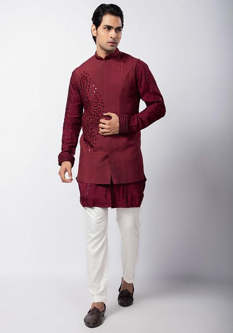 Maroon Embroidered Silk Nehru Jacket For Men