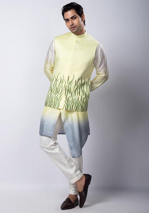 Multicolour Hand Embroidered Linen Satin Nehru Jacket For Men