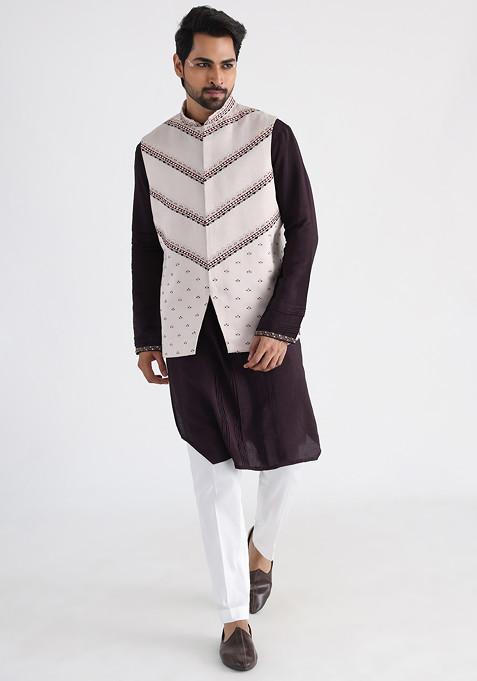 Off White Hand Embroidered Linen Satin Nehru Jacket For Men