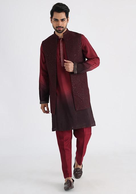 Maroon Hand Embroidered Silk Nehru Jacket For Men