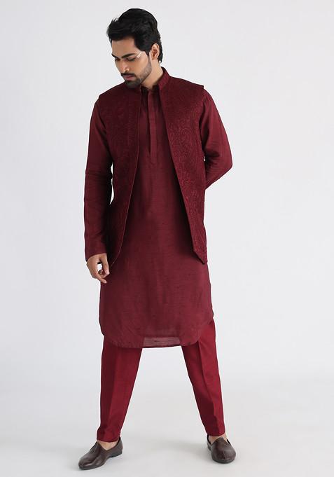 Maroon Hand Embroidered Linen Satin Nehru Jacket For Men