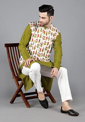 Olive Green Canopus Printed Bundi Jacket And Kurta Set For Men