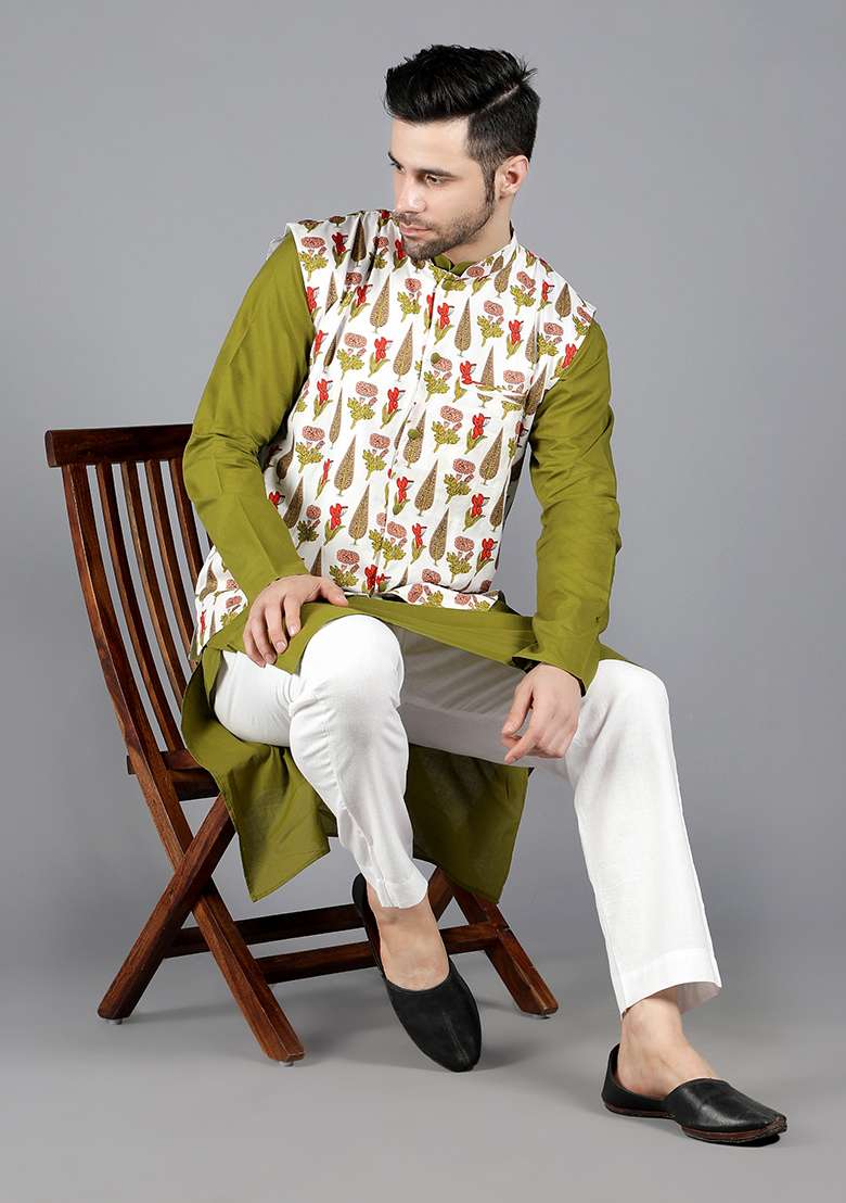 Olive Green Canopus Printed Bundi Jacket And Kurta Set For Men - Indya