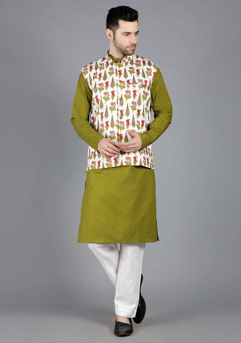 Olive Green Canopus Printed Bundi Jacket And Kurta Set For Men - Indya