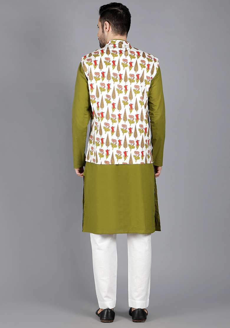 Olive Green Canopus Printed Bundi Jacket And Kurta Set For Men - Indya