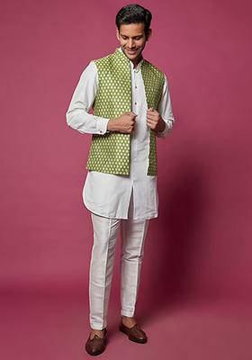 Olive Green Brocade Jacket And Kurta Set For Men