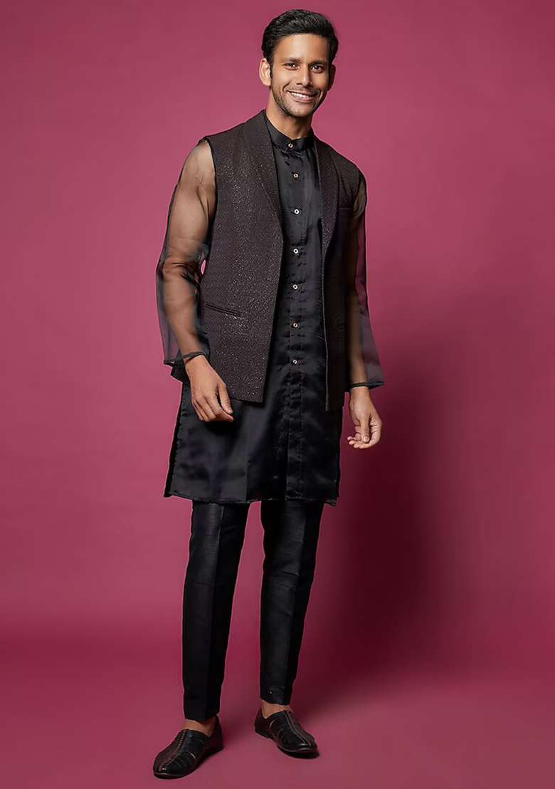 Black Organza Jacket And Kurta Set For Men - Indya